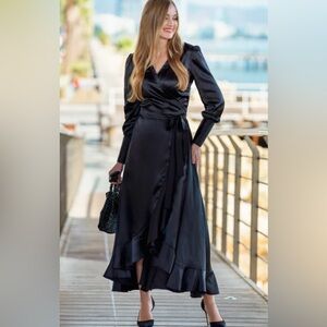Tea n Cup Elegant Black Wrap Dress
